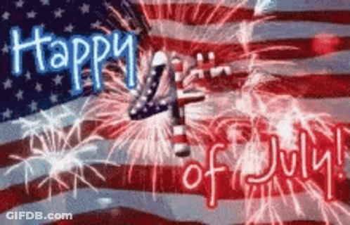 A Happy 4Th Of July Greeting Card With Fireworks And An American Flag In The Background GIF