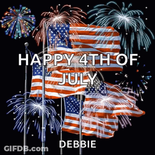 A Happy 4Th Of July Greeting Card With Fireworks And Flags GIF