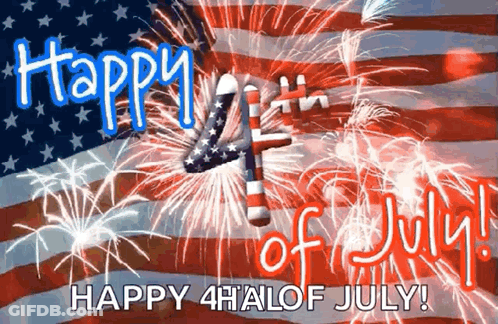 A Happy 4Th Of July Greeting Card With Fireworks And The American Flag . GIF