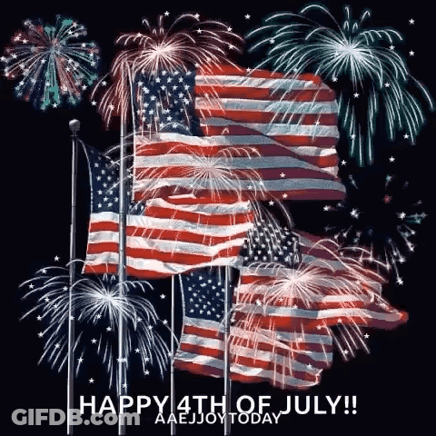 A Happy 4Th Of July Greeting Card With Flags And Fireworks . GIF