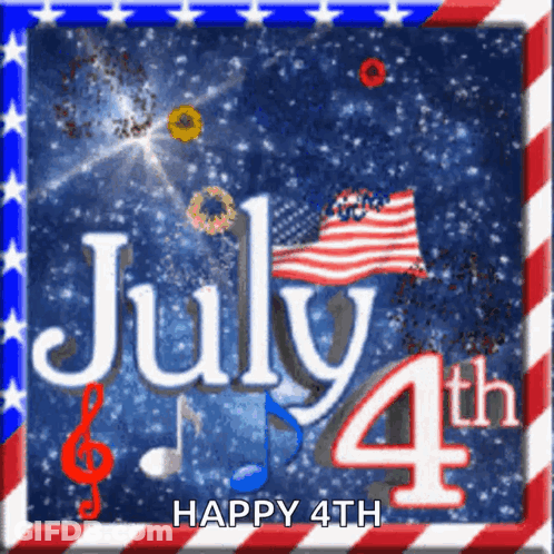 A Happy 4Th Of July Greeting Card With Music Notes GIF