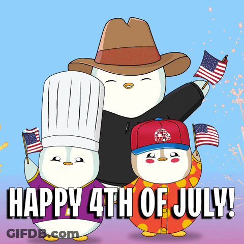 A Happy 4Th Of July Greeting Card With Penguins Holding Flags GIF