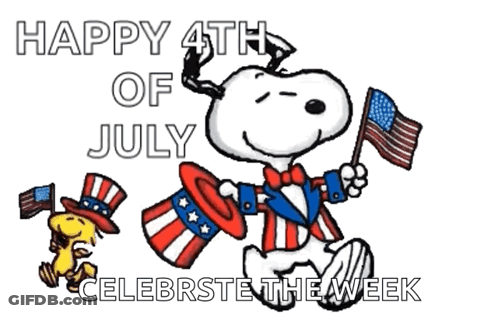 A Happy 4Th Of July Greeting Card With Snoopy And Woodstock Holding Flags GIF