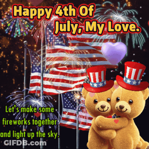 A Happy 4Th Of July Greeting Card With Two Teddy Bears Hugging Each Other GIF
