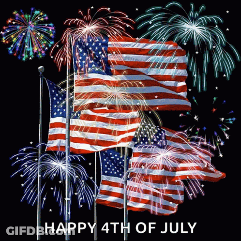 A Happy 4Th Of July Greeting With Flags And Fireworks GIF