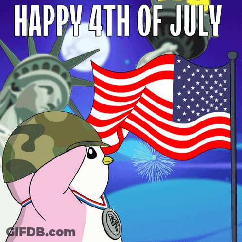A Happy 4Th Of July Poster With A Penguin Wearing A Helmet GIF