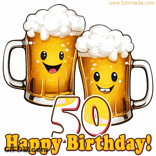 A Happy 50Th Birthday Card With Two Mugs Of Beer With Faces On Them GIF