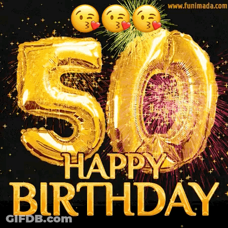 A Happy 50Th Birthday Greeting Card With Fireworks And Balloons GIF