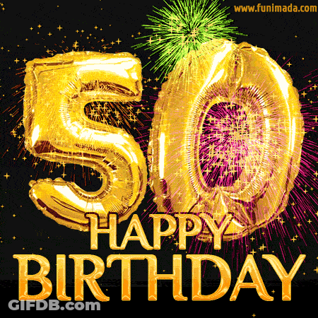 A Happy 50Th Birthday Greeting Card With Fireworks Behind The Balloons GIF