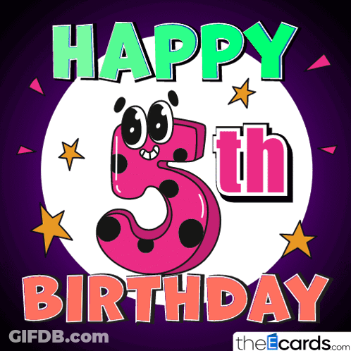 A Happy 5Th Birthday Card With A Cartoon Number 5 GIF