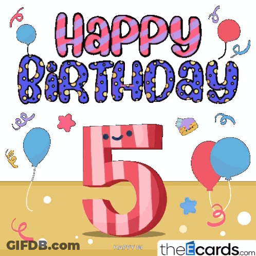 A Happy 5Th Birthday Card With Balloons And Streamers GIF