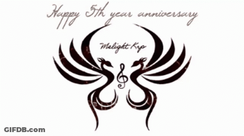 A Happy 5Th Year Anniversary Greeting Card With Two Birds And A Music Note GIF