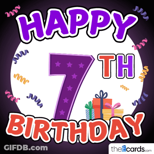 A Happy 7Th Birthday Greeting Card With A Purple Number GIF