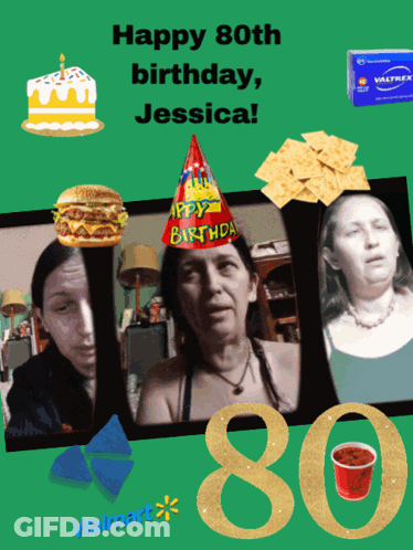 A Happy 80Th Birthday Card For Jessica With A Hamburger And Chips GIF