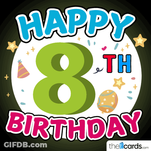 A Happy 8Th Birthday Card With A Green Number 8 GIF