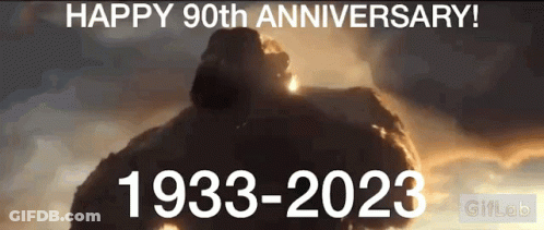 A Happy 90Th Anniversary Greeting Card With A Giant Monster GIF
