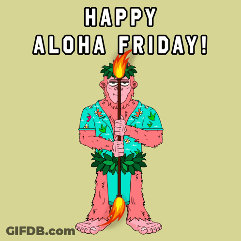 A Happy Aloha Friday Greeting Card With A Cartoon Monkey Holding A Torch GIF