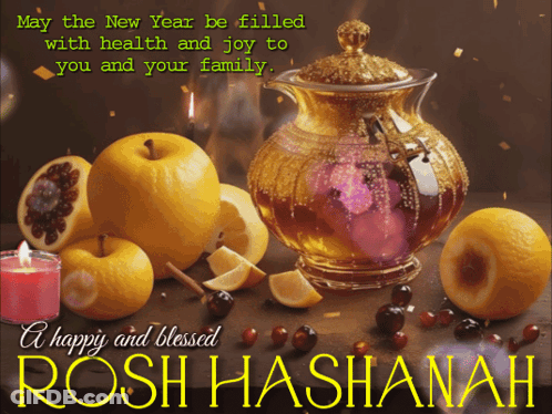 A Happy And Blessed Rosh Hashanah Greeting Card With Fruits And Candles GIF