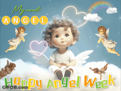 A Happy Angel Week Greeting Card With Angels And A Baby GIF