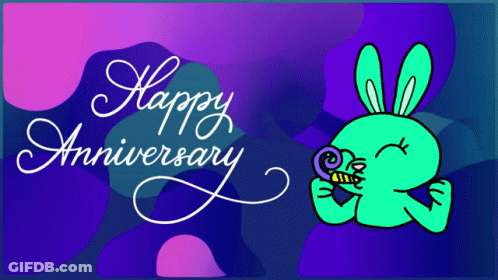 A Happy Anniversary Card With A Green Bunny Blowing A Horn GIF