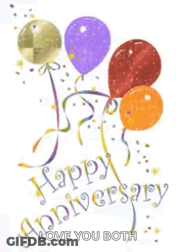 A Happy Anniversary Card With Balloons , Confetti And Ribbons . GIF