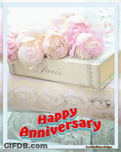 A Happy Anniversary Card With Flowers And A Book GIF