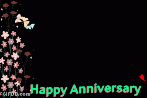 A Happy Anniversary Card With Flowers And Butterflies On A Black Background GIF