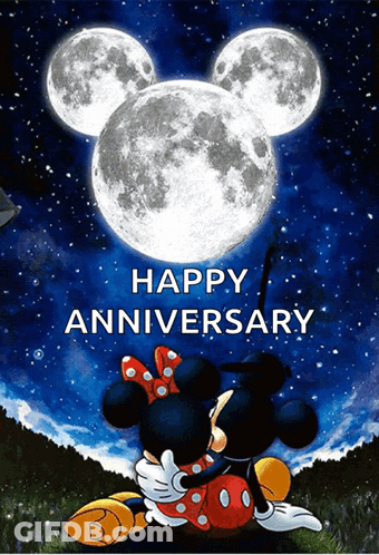 A Happy Anniversary Card With Mickey Mouse And Minnie Mouse Looking At A Full Moon GIF