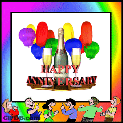 A Happy Anniversary Greeting Card With A Bottle Of Bollinger Champagne And Balloons GIF