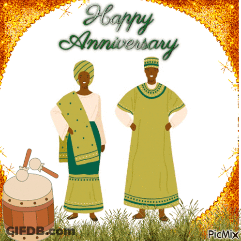 A Happy Anniversary Greeting Card With A Man And Woman Standing Next To A Drum GIF