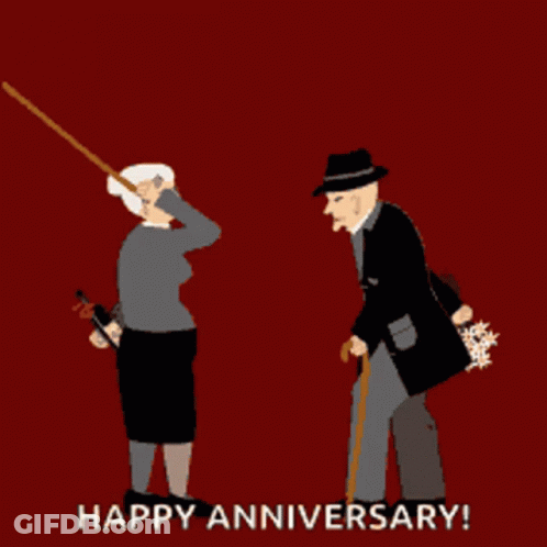 A Happy Anniversary Greeting Card With An Elderly Couple Holding Sticks GIF