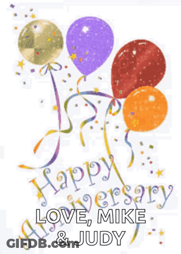 A Happy Anniversary Greeting Card With Balloons And Confetti GIF