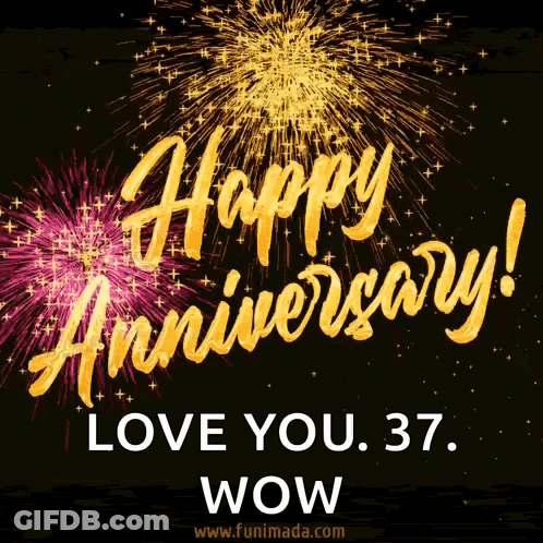 A Happy Anniversary Greeting Card With Fireworks Behind It GIF