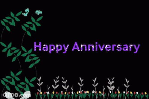 A Happy Anniversary Greeting Card With Flowers And Birds GIF