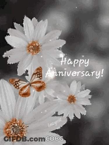A Happy Anniversary Greeting Card With Flowers And Butterflies GIF