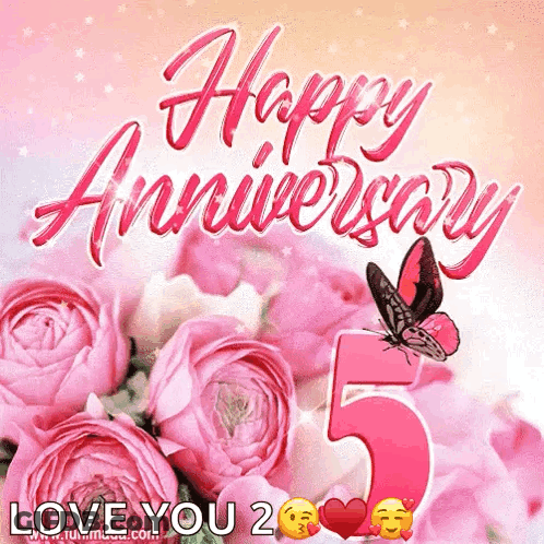 A Happy Anniversary Greeting Card With Pink Roses And Butterflies GIF
