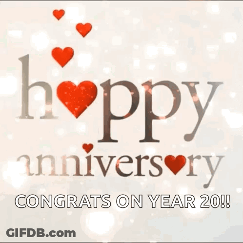A Happy Anniversary Greeting Card With Red Hearts And The Words Congrats On Year 20 ! GIF