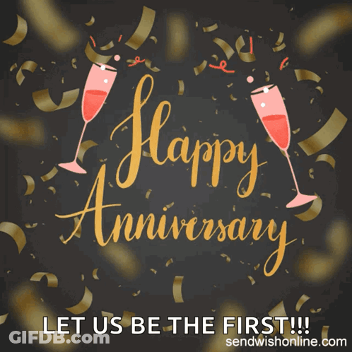 A Happy Anniversary Greeting Card With Two Champagne Glasses And Confetti GIF