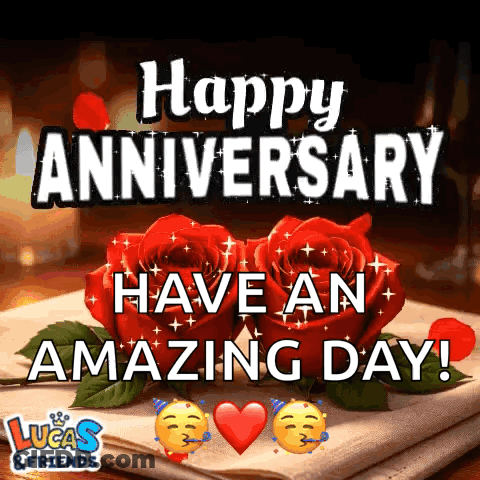 A Happy Anniversary Greeting Card With Two Red Roses On A Table GIF