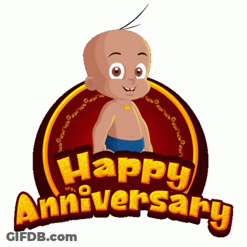 A Happy Anniversary Logo With A Cartoon Character On It GIF
