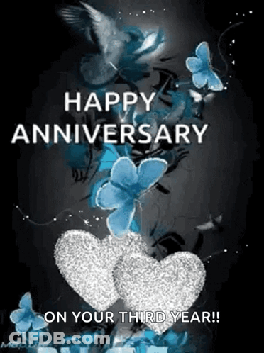 A Happy Anniversary On Your Third Year Greeting Card With Butterflies And Hearts . GIF