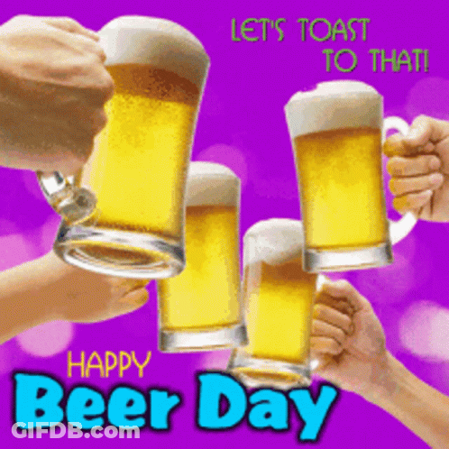 A Happy Beer Day Greeting Card With People Toasting With Beer Glasses GIF