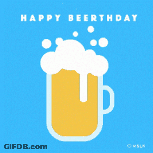A Happy Beerthday Greeting Card With A Mug Of Beer On A Blue Background GIF