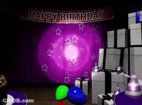 A Happy Birthday Banner Hangs Above A Room Filled With Balloons And Gifts GIF
