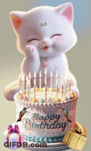 A Happy Birthday Cake With A Cat On It GIF