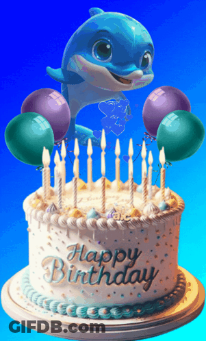 A Happy Birthday Cake With A Dolphin And Balloons On It GIF
