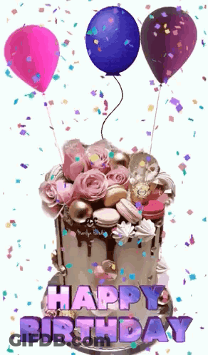 A Happy Birthday Cake With Balloons And Confetti On It . GIF