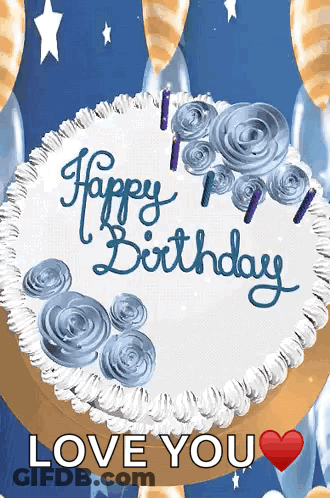 A Happy Birthday Cake With Blue Frosting And Candles GIF