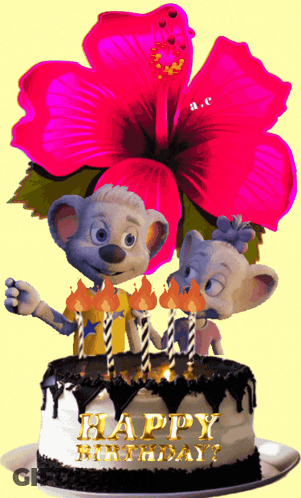 A Happy Birthday Cake With Two Cartoon Characters And A Flower On Top GIF