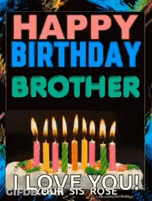 A Happy Birthday Card For A Brother With A Cake And Candles . GIF